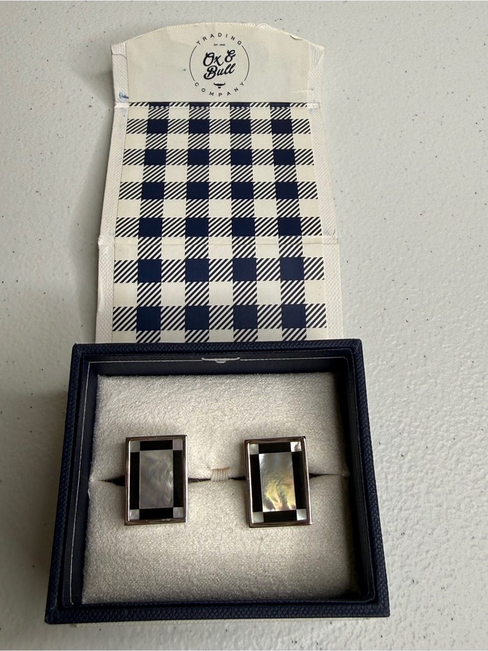 NIB Men’s Ox & Bull Black with Mother-of-Pearl Rectangular Cufflinks